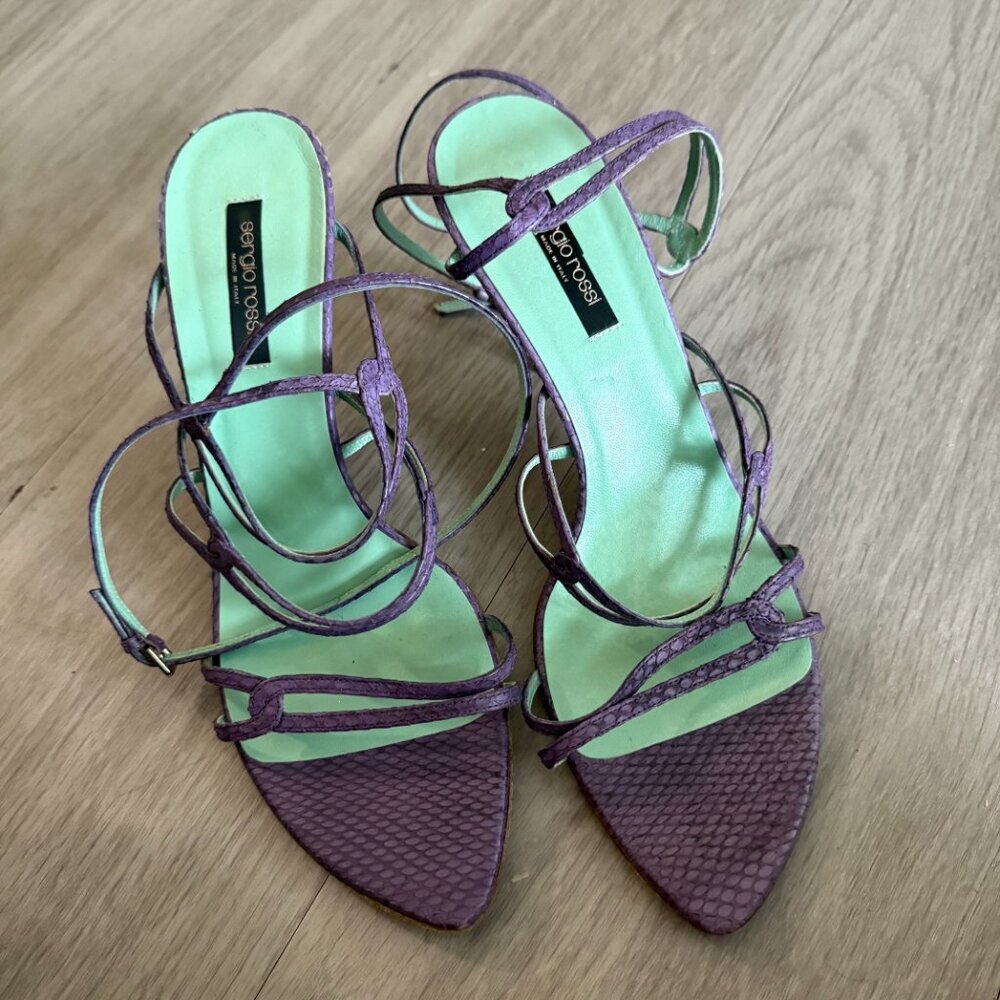 Sergio Rossi Purple Strappy Heels with Mint Green Insole - Picture 4 of 6